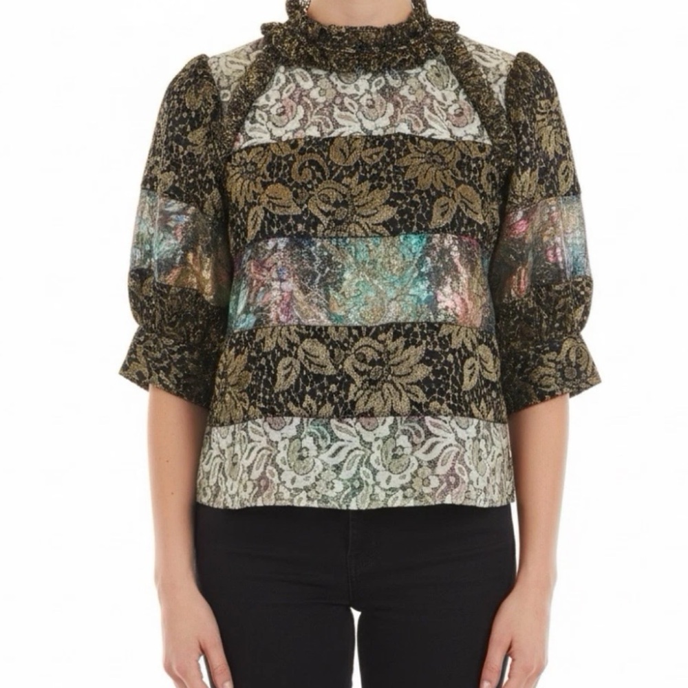 Maison Mayle La Feminine Women’s Gold Floral Lace Blouse Colorful Maximalist 2